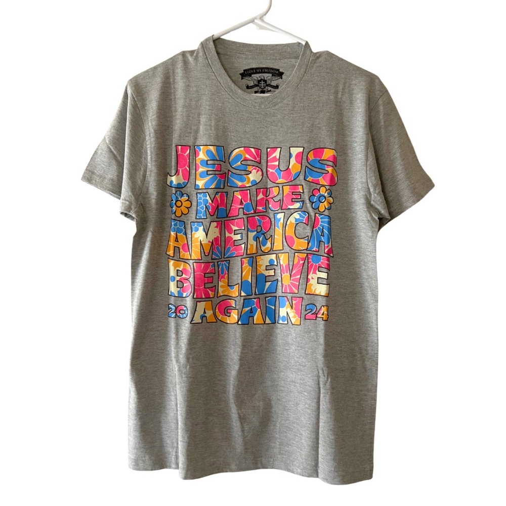 I Love My Freedom Women’s Grey Jesus Make America Believe Again T-shirt